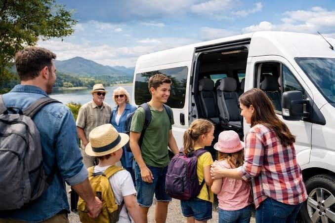 Family boarding a van